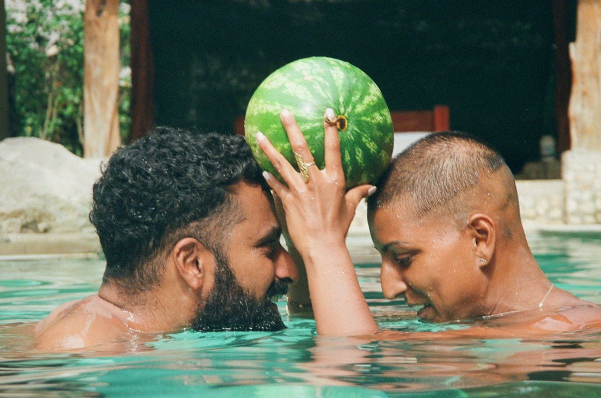 Balancing a watermelon in the pool